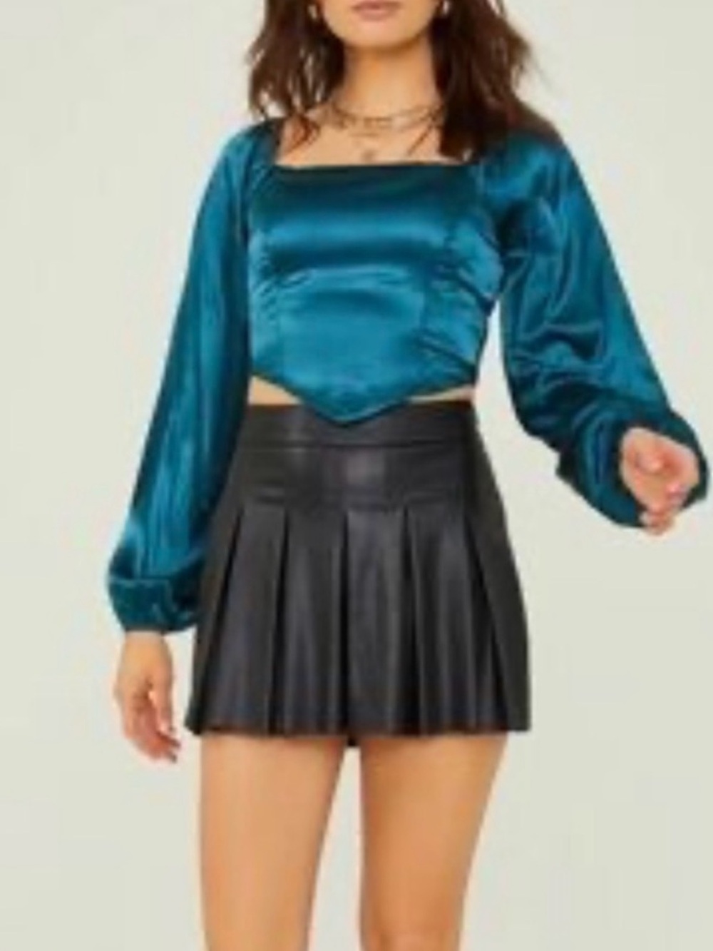 Altar'd State Teal Satin Long Sleeve Square Neck Top